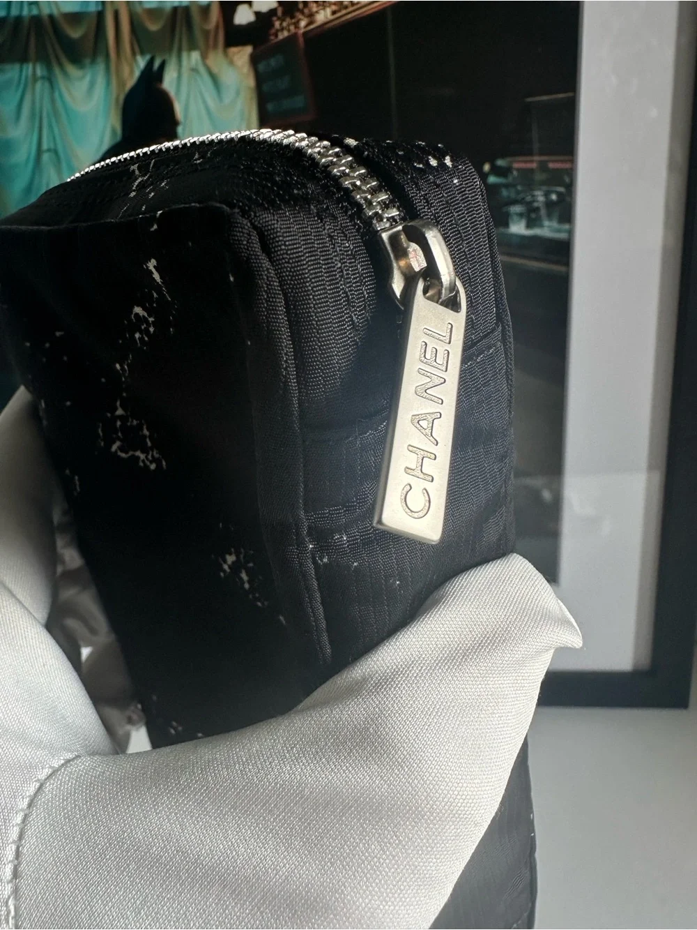 CHANEL Vintage Travel Line Jewelry Case Pouch Black Nylon Zip Organizer A11824